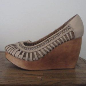 Fiel Tan Leather Woven Boho Wooden Platform Heel Shoes